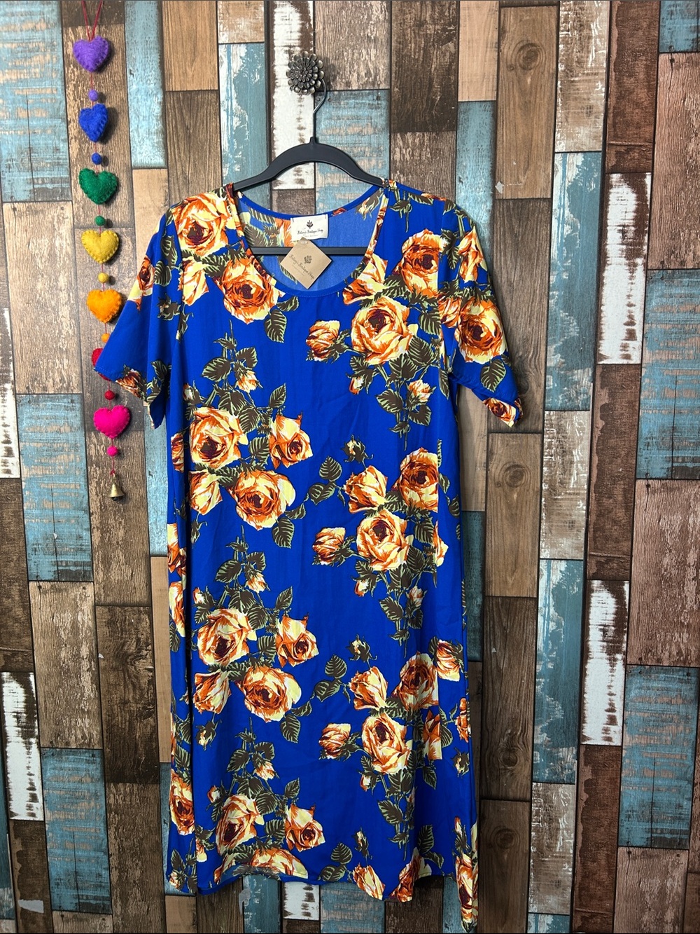 Bright Blue Midi Dress with Orange Rose Print